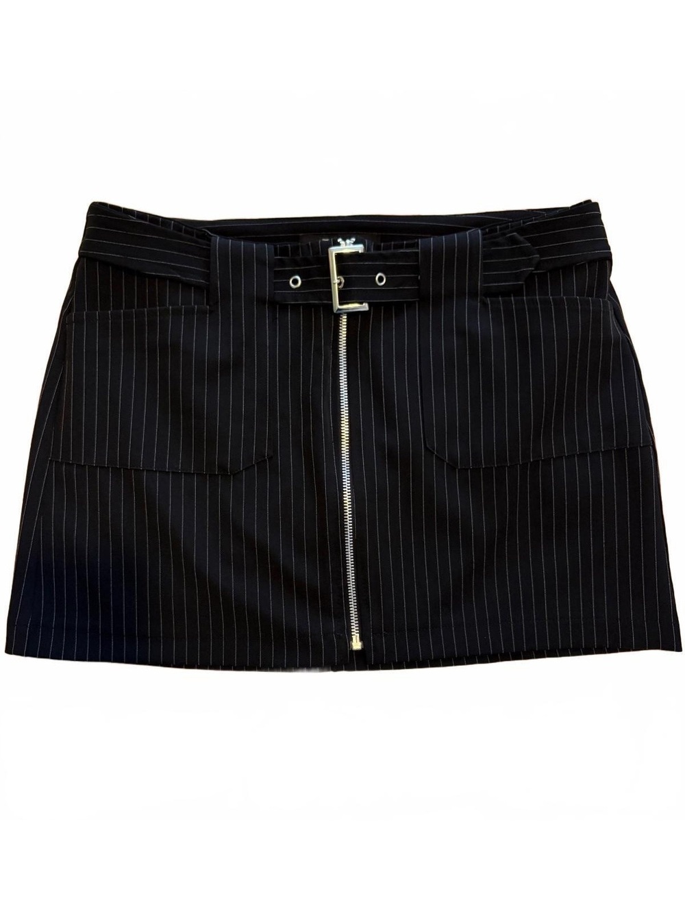 Y2K Siren Black Pinstripe Mini Skirt with Front Zipper and Belt by Taunt Size 9